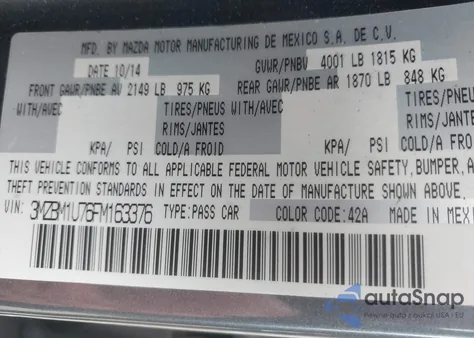 2015 Mazda Mazda3 I Sport z USA, uszkodzony, nr VIN 3MZBM1U76FM163376